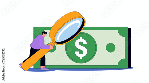 Man holding a magnifying glass to examine a large dollar bill with a dollar sign symbolizing financial analysis and scrutiny