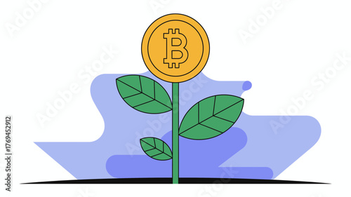 Conceptual illustration of a bitcoin cryptocurrency coin growing like a plant with green leaves symbolizing financial growth and investment success