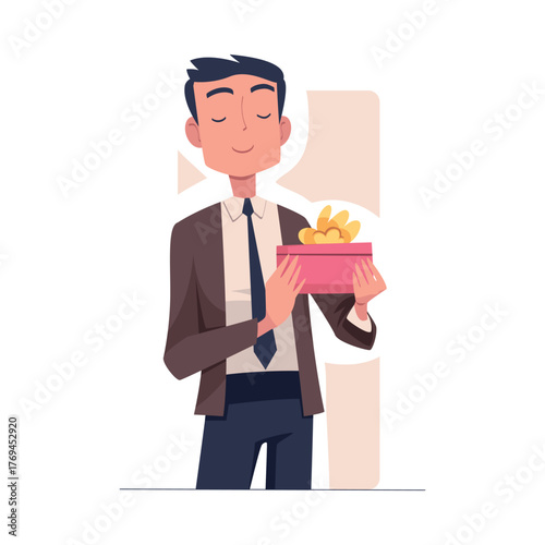 Man with Gift Box Wrapped with Ribbon Vector Illustration