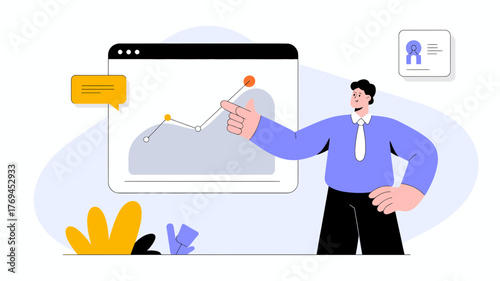 Man pointing at upward trending graph on a computer screen illustrating business growth and success