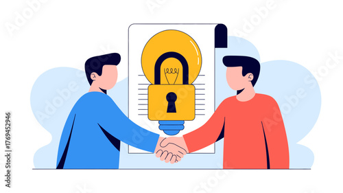 Two business partners shaking hands over a secure idea represented by a locked lightbulb on a document