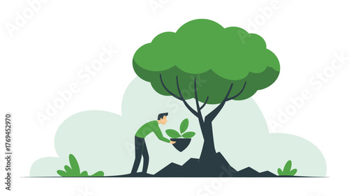 Man planting a small seedling at the base of a large mature tree symbolizing growth and environmental care