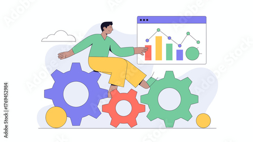 Man operating a data analytics dashboard with gears representing business processes and workflow automation