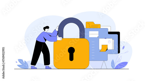 Man securing digital data with a large padlock and organized files on a stand representing data security and privacy