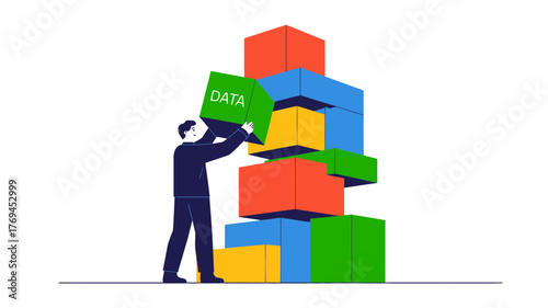Man carefully places a green cube labeled data onto a colorful unstable tower of blocks representing information