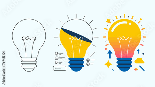 Conceptual illustration showing the evolution of an idea from a simple outline to a fully realized illuminated lightbulb with successful elements