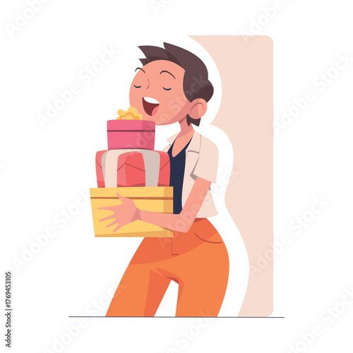 Woman with Gift Box Wrapped with Ribbon Vector Illustration