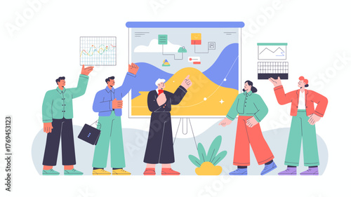 Diverse team of professionals presenting business growth charts and data analysis during a meeting or presentation