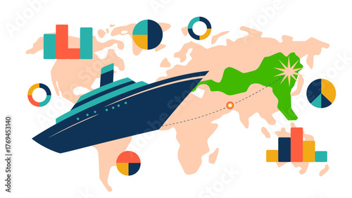 Global shipping route illustrated with a cruise ship world map and various data charts representing logistics and trade