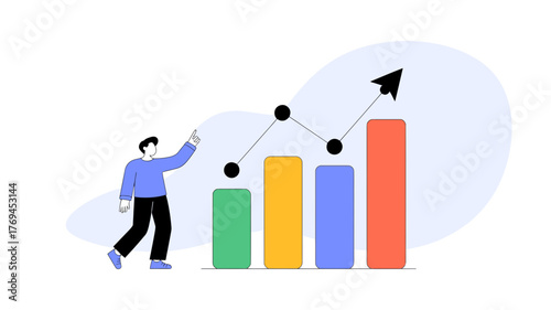 Man pointing at a rising bar graph with an upward trending arrow indicating growth and success