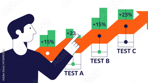 Man pointing at a rising arrow graph showing positive growth and test results with percentages