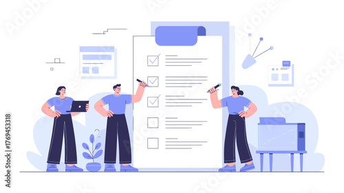 Team of three people collaborating on a large checklist with tasks being marked as complete and a laptop nearby