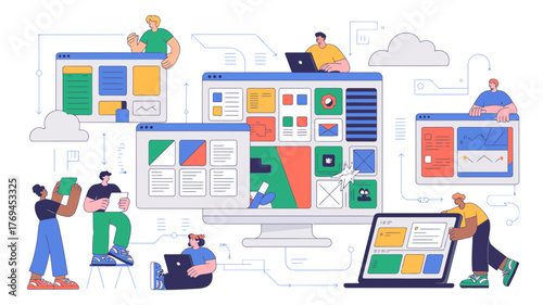 Diverse team collaborating on digital interfaces and web development projects with various devices and screens