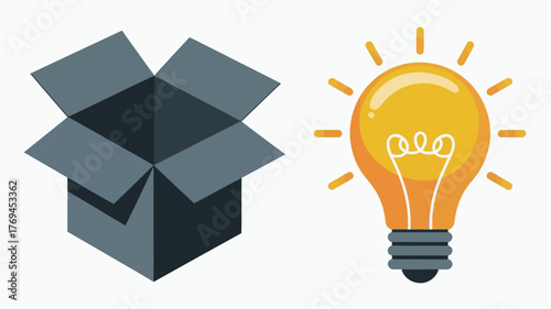 Open cardboard box next to a glowing light bulb representing creativity and new ideas
