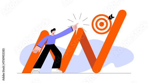 Man reaching for target on abstract mountain graph representing business growth and success