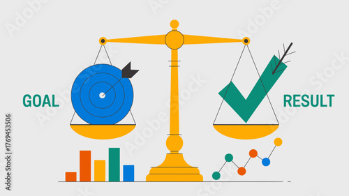 Conceptual illustration of a balance scale weighing a target goal against a successful result with charts and graphs symbolizing progress