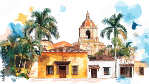 Cartagena Old Town. Cartagena Old Town hand drawn watercolor illustration