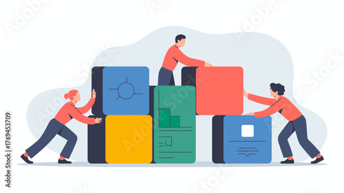 Diverse team of people collaborating to build and stack colorful blocks representing business growth and strategy