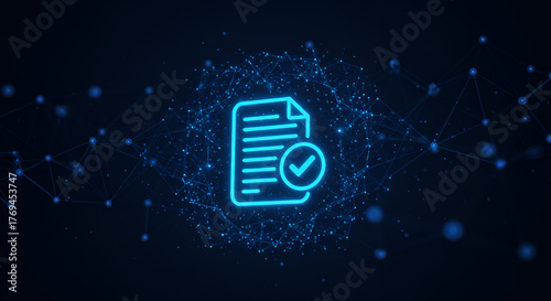 Digital document verification and approval process represented by glowing neon icon with network background for secure online systems