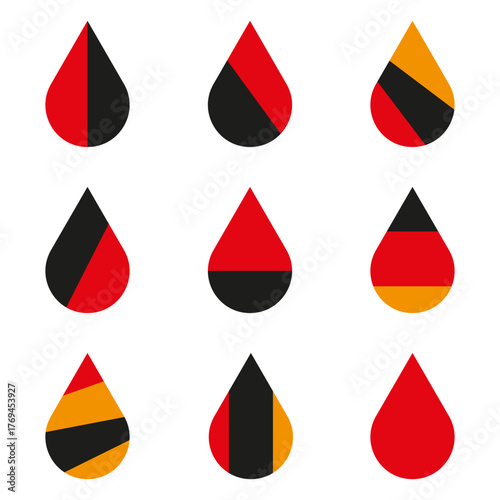 Abstract liquid drops. Six black red shapes. Graphic fluid elements. Vector color symbols.