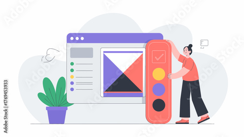 Creative designer adjusting a colorful abstract design element on a digital interface with a plant nearby