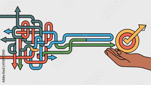 Complex network of colorful arrows navigating a maze towards a target held by a hand representing success and achievement