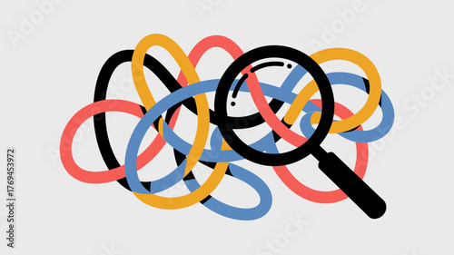 Magnifying glass examining a tangled mess of colorful abstract lines representing complexity and problem solving