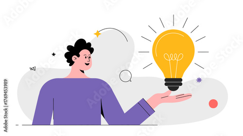 Creative person holding a glowing light bulb symbolizing a new idea or innovation in a modern flat illustration style