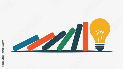 Domino effect of colorful blocks leading to a bright idea light bulb symbolizing innovation and creativity