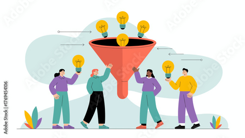 Diverse team collaborates to generate and funnel new ideas into a central concept using lightbulbs and a funnel illustration
