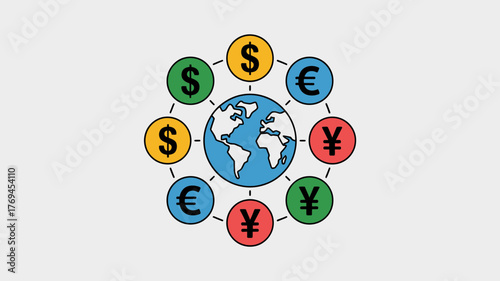 Global currency exchange concept featuring earth surrounded by dollar euro and yen symbols in colorful circles