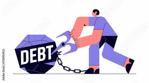 Man using bolt cutters to break a heavy chain attached to a large geometric shape labeled debt
