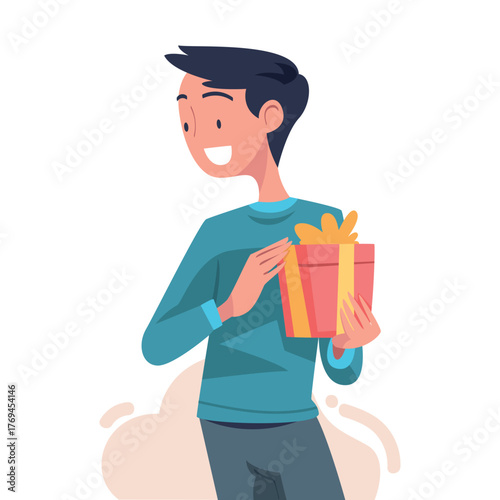 Man with Gift Box Wrapped with Ribbon Vector Illustration