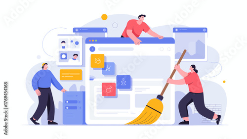 Team of people cleaning and organizing digital interface elements and website content for better user experience