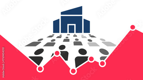 Abstract representation of a growing community or organization with a central building and interconnected people icons forming a graph