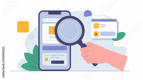 Hand holding magnifying glass over smartphone screen analyzing user interface elements and website design for optimization and research