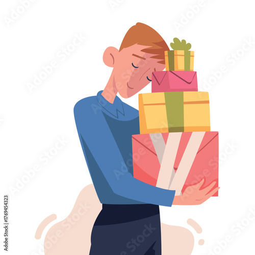 Man with Gift Box Wrapped with Ribbon Vector Illustration