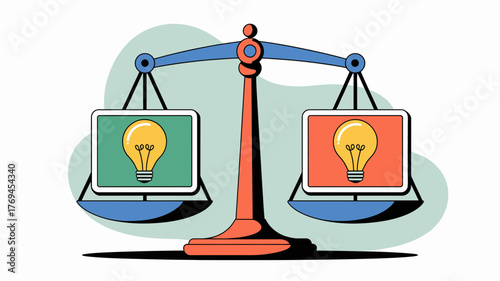 Conceptual illustration of a balance scale weighing two light bulbs symbolizing different ideas or solutions on contrasting backgrounds