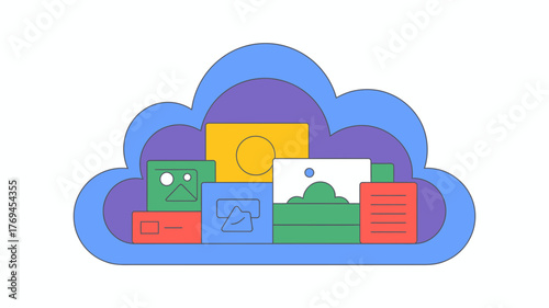 Digital cloud storage concept with various file types and icons representing data organization and accessibility