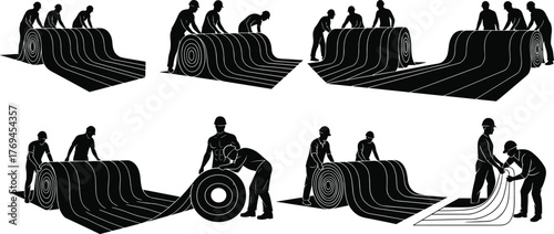 Silhouette vector illustration of workers handling large material rolls, unrolling carpet or fabric, installation process, teamwork, flooring, safety, construction, and industry