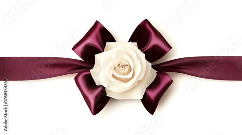 a burgundy ribbon bow with a cream rose in the center, photorealistic design, clean and elegant, isolated on white background