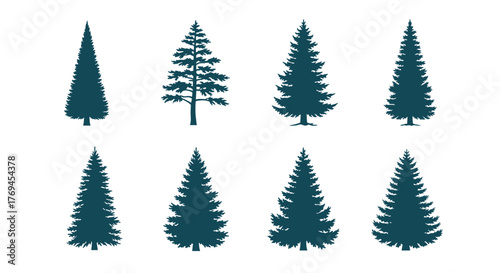 A set of diverse evergreen tree silhouettes in dark teal, featuring a range of pine and spruce designs suitable for seasonal and nature-themed graphics.