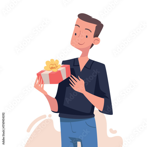 Man with Gift Box Wrapped with Ribbon Vector Illustration