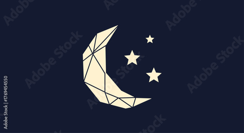 A geometric crescent moon and three stars illuminate a dark blue night sky, symbolizing dreams and celestial beauty.