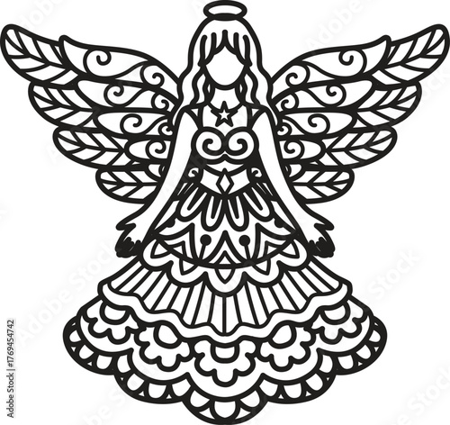 Zentangle Christmas Angel Line Art for laser cut, coloring, lace pattern and so on. Vector Illustration