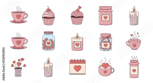 A delightful set of pink Valentine's Day themed illustrations including teacups, cupcakes, heart jars, candles, and a romantic calendar.