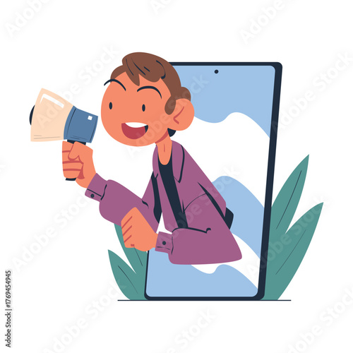 Man with Megaphone Look Out from Smartphone Screen Vector Illustration