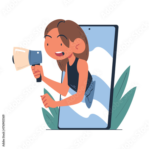 Woman with Megaphone Look Out from Smartphone Screen Vector Illustration