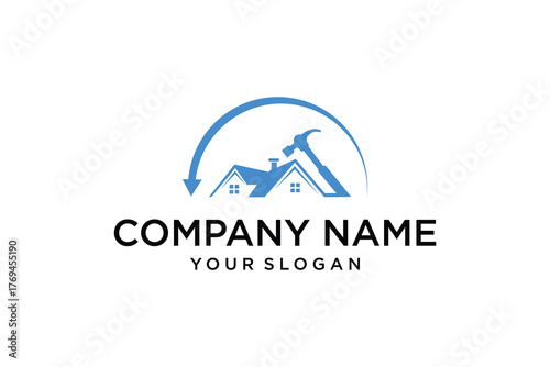 Home Construction and Repair Services Logo with House, Hammer, and Arrow Icon in Blue