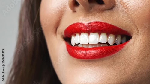 Close-up of smiling woman with glossy red lipstick, showing perfect white teeth